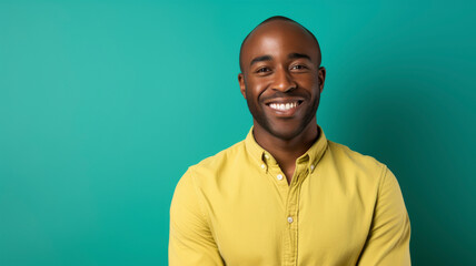 Smiling black man in his 30's, with yellow shirt and bright turquoise coloured background.
