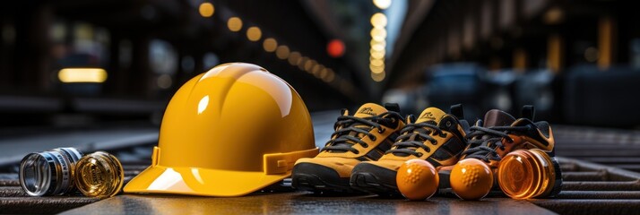 Yellow construction hard hat with work shoes on ground