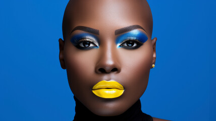 
Striking young black woman with vibrant yellow lipstick, complemented by a shaved hairstyle, adorned with chic vivid blue eyeshadow and earrings.