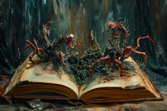 Old book with tentacles coming out of it on wooden table. Dark background. Toned. A surreal depiction of an open book with onomatopoeic words transforming into menacing creatures that crawl out