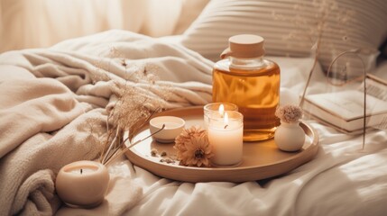 Obraz na płótnie Canvas a tray with candles and a bottle of oil on top of a bed with a white comforter and pillows.