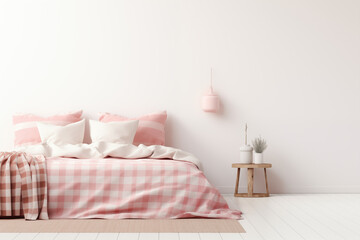 Fototapeta na wymiar Bed and pillows. 3D Rendering of Light, Cozy Interior with a bed, a pink blanket and a blank wall. Generative ai