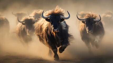  a herd of bison running across a dirt field in a dusty, dusty, and smoggy area.
