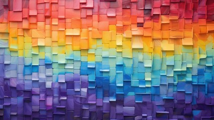  a multicolored abstract painting of squares and rectangles in different shades of purple, orange, yellow, and pink.
