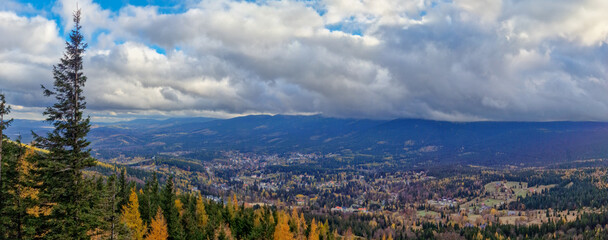 panoramic view of Szklarska Poreba and Karkonosze mountains. Poland