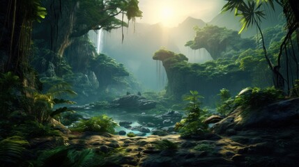  a painting of a jungle scene with a river running through the middle of the jungle, with trees and rocks in the foreground. - obrazy, fototapety, plakaty