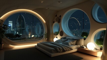 A modern room with round shape windows, night view