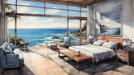 A cozy bedroom overlooking the serene beauty of the ocean waves crashing against the shore. Perfect for relaxation and tranquility