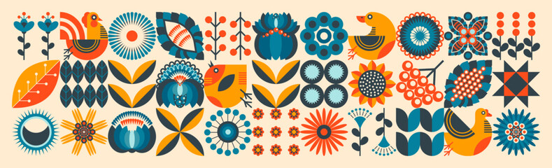 A large set of Ukrainian national style.  Easter floral pattern. Scandinavian style. The concept of ecological farming and poultry farming. Blue and orange illustration in pastel. 