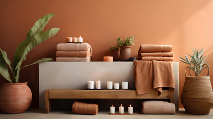 Warm spa ambiance featuring terracotta towels rolled and stacked on wooden ledge - obrazy, fototapety, plakaty