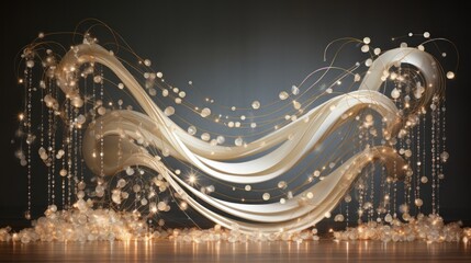  an abstract image of flowing white and gold lines and bubbles on a black background with a wooden floor in the foreground.