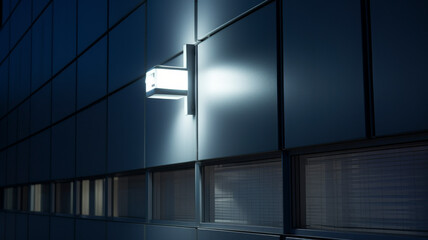Home Security. Modern building illuminated by security light at night, ensuring safety and protection in urban settings