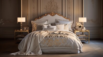  a bed with a white comforter and pillows in a room with a gold headboard and two lamps on either side of the bed.