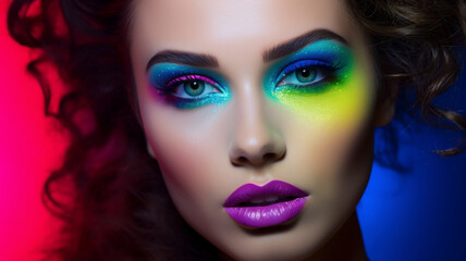 Fototapeta premium Vibrant, bold makeup transforms a young woman into a futuristic cyborg chic. Editorial beauty concept.
