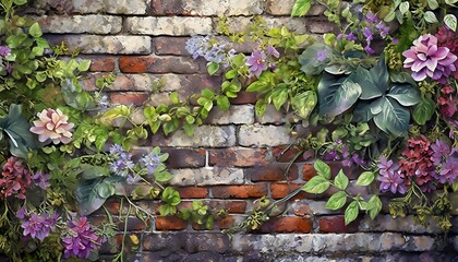 brickwall pattern with leaves, stone wall with green leaves - obrazy, fototapety, plakaty