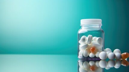  a glass jar filled with pills sitting on top of a table next to a bottle filled with white and orange pills.