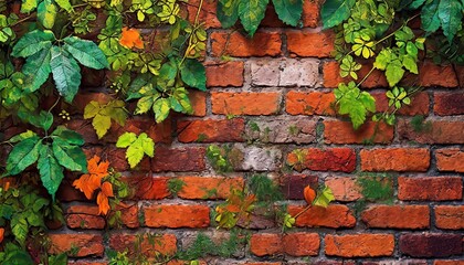 brickwall pattern with leaves, stone wall with green leaves