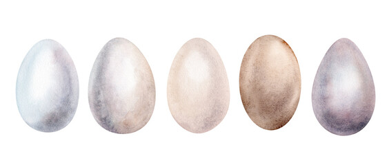 Watercolor Easter eggs. Set of pastel color eggs hand drawing watercolor illustrations in minimalist style. Decorative elements isolated on white background for Easter designs
