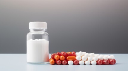  a bottle filled with white and red pills next to a pile of red and white pills on a white table.