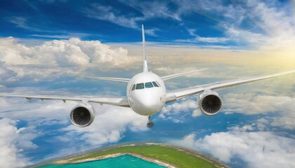 White passenger airplane flying in the sky amazing clouds in the background 