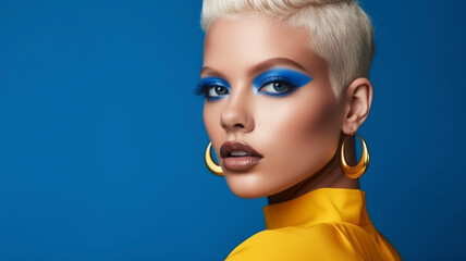 Individuality. A vibrant expression of identity, a person adorned in bold yellow attire and earrings, their face obscured, evokes mystery against a deep blue backdrop