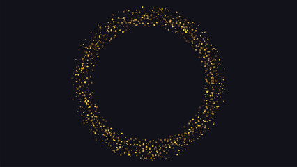 Gold glitter circle frame on dark background. Golden particles border in round shape.