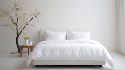  a white bed with a white comforter and pillows and a vase with flowers on the side of the bed.