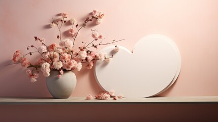  a vase filled with pink flowers next to a white heart shaped mirror on top of a wooden shelf next to a pink wall.