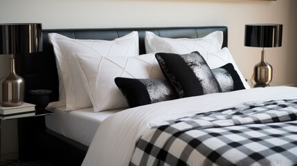  a bed with a black and white checkered comforter and a black and white checkered bedspread.
