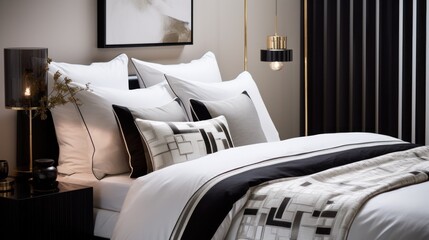  a bed with a black and white comforter and black and white pillows and a picture hanging on the wall.