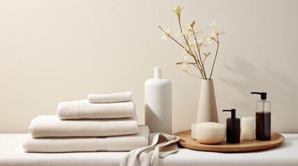  a table topped with lots of white towels and a vase filled with flowers next to a pile of white towels.