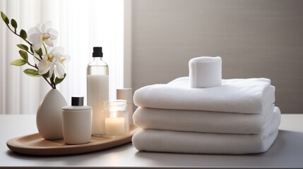  a stack of white towels sitting on top of a table next to a bottle of liquid and a vase with flowers.