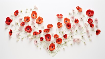  a bunch of red and white flowers on a white background with green stems and stems in the shape of a heart.