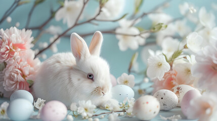 Naklejka na ściany i meble Easter cute bunny with Easter colored eggs on a spring blue background with tree branch and flowers