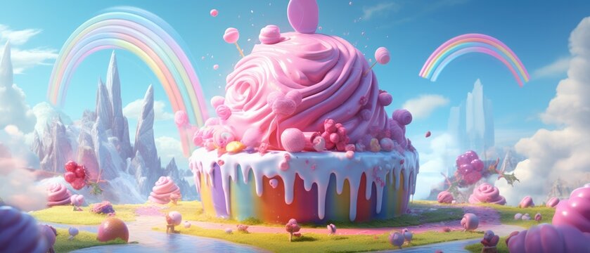 Fantasy landscape with oversized pink cupcake amidst colorful rainbows and candy details. Surreal dessert scenery for creative food concept.
