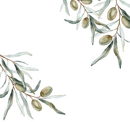 Watercolor banner with green and black olive leaves branches. Olive in bouquet. Decorative element for greeting card. Illustration frame. Pure vegan seasoning.