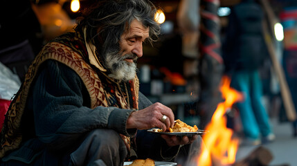 Homeless poor man eats on the street  in the park - obrazy, fototapety, plakaty
