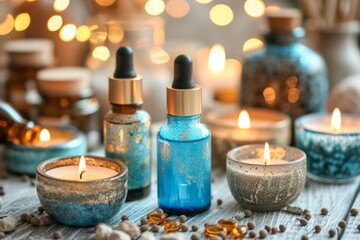 Fototapeta na wymiar Aromatherapy supplies with vibrant blue essential oil bottles, lit candles in rustic bowls, and ambient warm lighting creating a tranquil spa setting