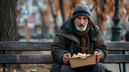 Homeless poor man eating on the street - obrazy, fototapety, plakaty