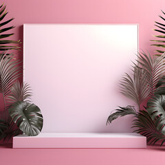 Fototapeta na wymiar White paper frame with palm tree and flowers. Pastel pink background.