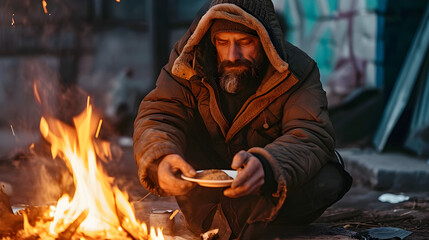Homeless poor man eating on the street by the fire - obrazy, fototapety, plakaty
