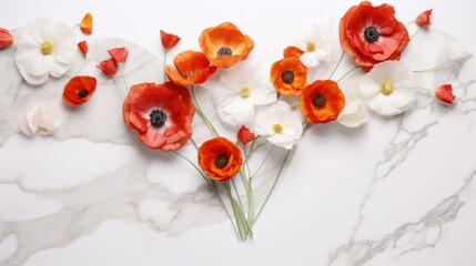  a bunch of red and white flowers laying on a marble table with white and orange flowers on top of it.