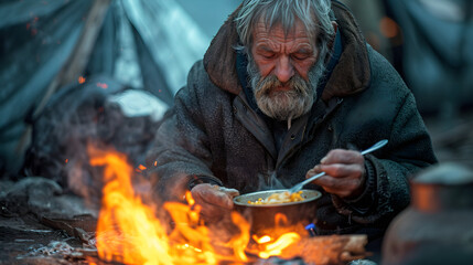Homeless man eating on the street - obrazy, fototapety, plakaty