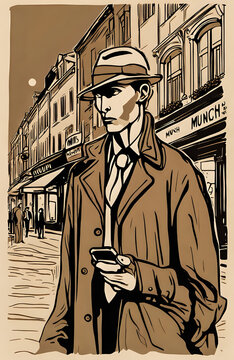 D&eacute;tective des ann&eacute;es 50 qui traverse une rue, un smartphone dans la main. Peinture xxe