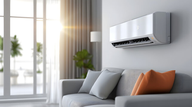 Air conditioner hanging on the wall of a cozy bright room with furniture and plants and sun rays