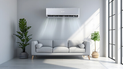 Air conditioner hanging on the wall of a cozy room above the sofa - obrazy, fototapety, plakaty