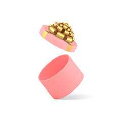 Pink open circle gift box empty pack with luxury golden bow ribbon 3d icon realistic vector
