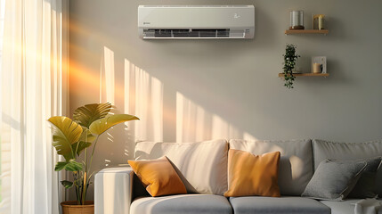 Air conditioner hanging on the wall of a cozy room with furniture
