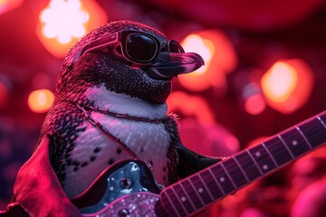 A rockstar penguin passionately rocking out on stage amidst a crowd of adoring fans
