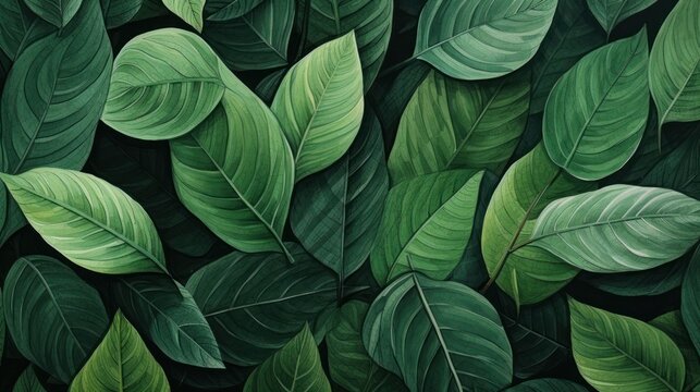  a close up of a painting of green leaves on a black background with a white stripe at the bottom of the image.